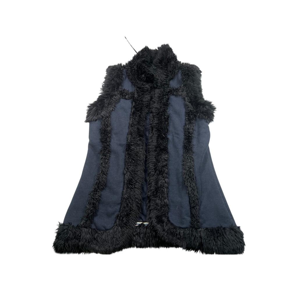 Lucky Brand Navy Black Faux Fur Hooded Vest Y2K Boho Festival Hippie